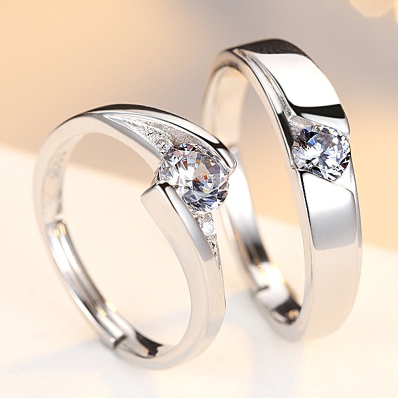 Simulation Diamond Ring Couple Rings A Pair of Live 925 Silver Men and Women Marriage Rings Lettering Rings Diamond Rings - Prime Street