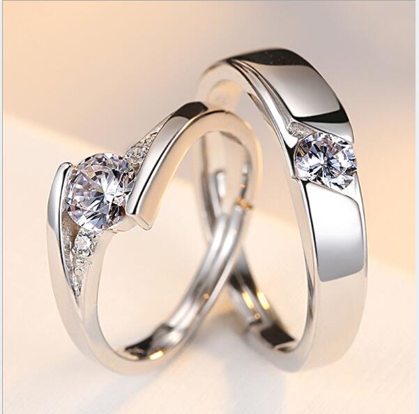 Simulation Diamond Ring Couple Rings A Pair of Live 925 Silver Men and Women Marriage Rings Lettering Rings Diamond Rings - Prime Street
