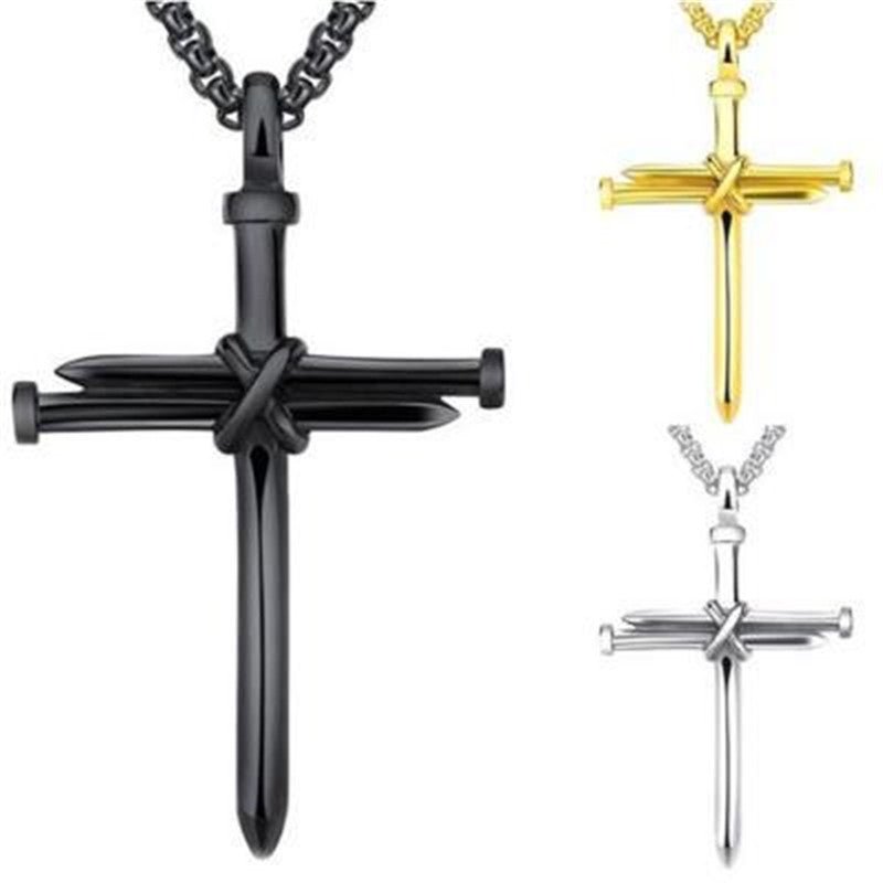 Steel Gold Black Color Fashion Mens Iron Nail Cross Pendant Necklace Stainless Steel 3mm Round Box Chain Jewelry Gift For Men - Prime Street