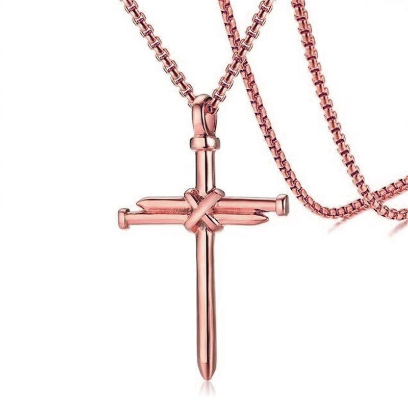 Steel Gold Black Color Fashion Mens Iron Nail Cross Pendant Necklace Stainless Steel 3mm Round Box Chain Jewelry Gift For Men - Prime Street