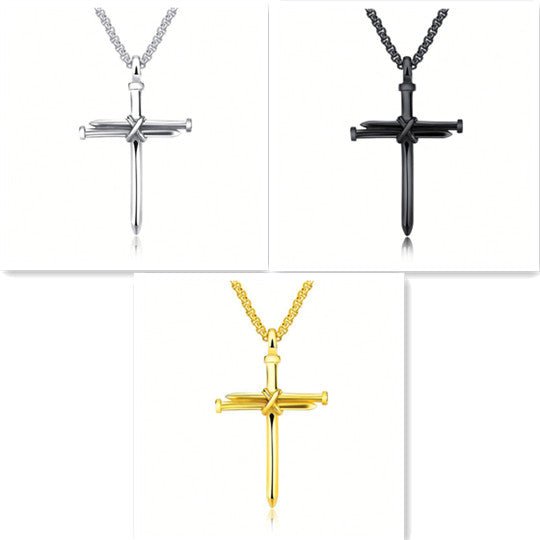 Steel Gold Black Color Fashion Mens Iron Nail Cross Pendant Necklace Stainless Steel 3mm Round Box Chain Jewelry Gift For Men - Prime Street