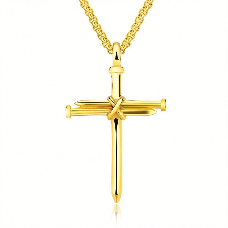 Steel Gold Black Color Fashion Mens Iron Nail Cross Pendant Necklace Stainless Steel 3mm Round Box Chain Jewelry Gift For Men - Prime Street