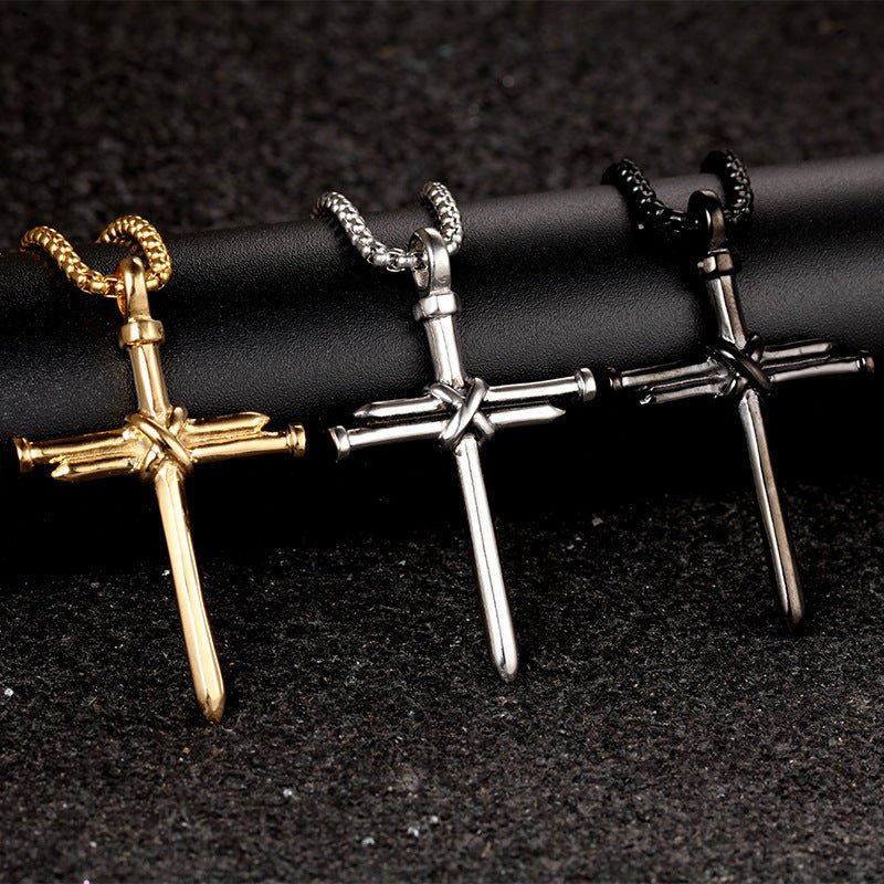 Steel Gold Black Color Fashion Mens Iron Nail Cross Pendant Necklace Stainless Steel 3mm Round Box Chain Jewelry Gift For Men - Prime Street