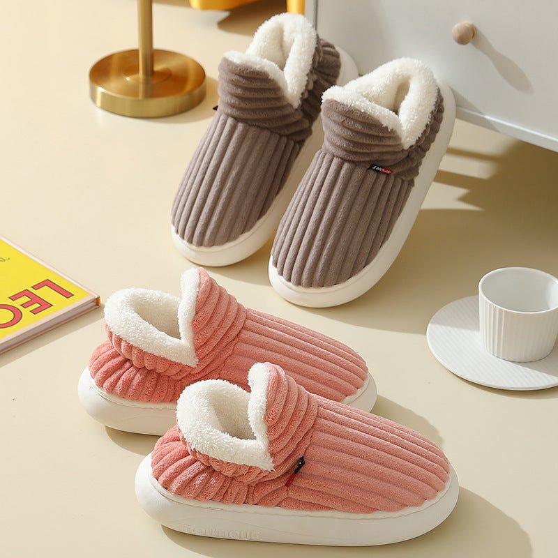 Winter Plush Home Shoes Fashion Solid Color Stripes Floor Bedroom Slippers Indoor Outdoor Garden Shoes For Women Men Couples - Prime Street