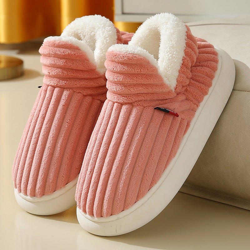 Winter Plush Home Shoes Fashion Solid Color Stripes Floor Bedroom Slippers Indoor Outdoor Garden Shoes For Women Men Couples - Prime Street