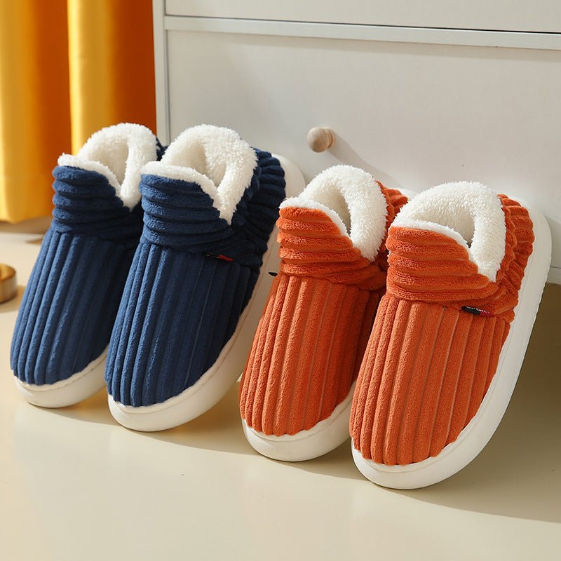 Winter Plush Home Shoes Fashion Solid Color Stripes Floor Bedroom Slippers Indoor Outdoor Garden Shoes For Women Men Couples - Prime Street