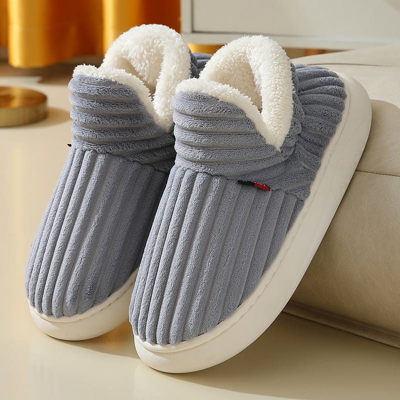 Winter Plush Home Shoes Fashion Solid Color Stripes Floor Bedroom Slippers Indoor Outdoor Garden Shoes For Women Men Couples - Prime Street