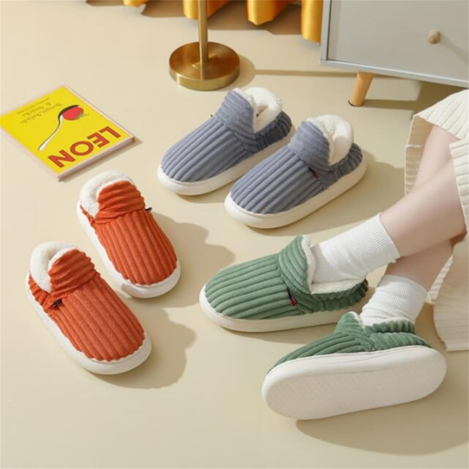 Winter Plush Home Shoes Fashion Solid Color Stripes Floor Bedroom Slippers Indoor Outdoor Garden Shoes For Women Men Couples - Prime Street