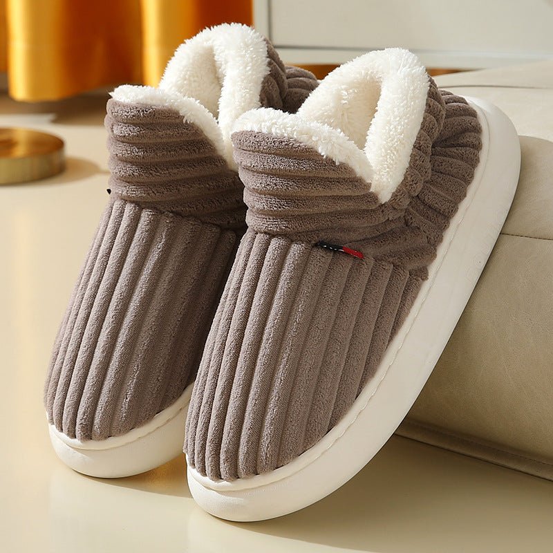 Winter Plush Home Shoes Fashion Solid Color Stripes Floor Bedroom Slippers Indoor Outdoor Garden Shoes For Women Men Couples - Prime Street