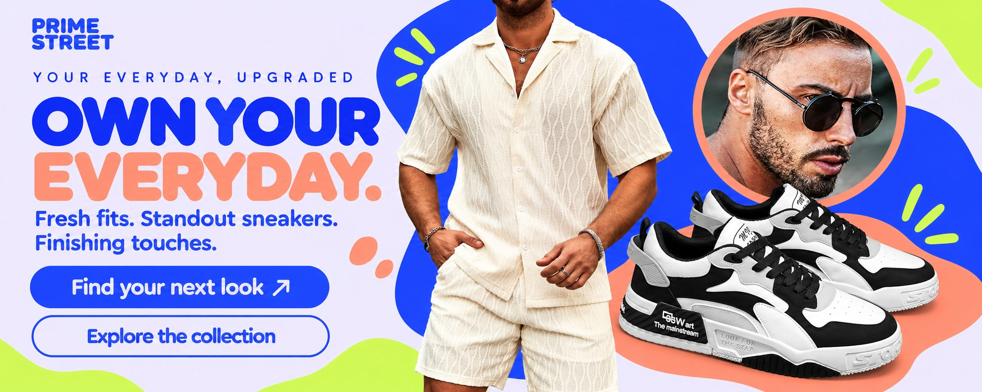 Own your everyday. Cream set, black-white sneakers and round sunglasses.