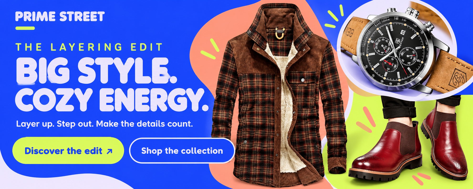 Big style. Cozy energy. Plaid jacket, leather boots and Benyar watch.